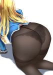  absurdres all_fours ass atago_(kantai_collection) black_gloves black_legwear black_panties blonde_hair crotch_seam gloves head_out_of_frame highres kantai_collection lace lace-trimmed_panties lace_panties long_hair military military_uniform panties panties_under_pantyhose pantyhose shadow simple_background skirt solo sweat thick_thighs thighband_pantyhose thighs tokorotn underwear uniform white_background 