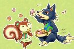  1girl akiduhaniwa artist_name biscuit closed_eyes dated doubutsu_no_mori flower food furry green_background gummy_(doubutsu_no_mori) musical_note open_mouth robo_(doubutsu_no_mori) sitting squirrel tail wolf 