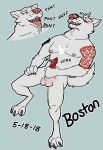  2018 absurd_res anthro balls blue_background boston canine cum cumshot ejaculation erection fan_character fangs hi_res male mammal masturbation muscular muscular_male open_mouth orgasm penile_masturbation penis saliva scapewolf simple_background solo tongue tongue_out were werewolf wolf 