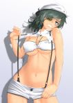  abs bad_hand breasts covered_nipples eyepatch grey_eyes grey_hair hat kantai_collection kiso_(kantai_collection) looking_at_viewer midriff navel nokishita_kumoemon parted_lips shadow short_shorts shorts solo standing suspenders_pull sweat thick_eyebrows underboob white_hat white_shorts 
