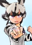  :d african_wild_dog_(kemono_friends) african_wild_dog_print animal_ears bangs black_hair breast_pocket clenched_hand commentary dog_ears extra_ears fighting_stance grey_hair hair_between_eyes hands_up highres kemono_friends long_sleeves multicolored_hair open_mouth outstretched_arm pink_eyes pocket rumenia_(ao2is) shirt short_hair short_over_long_sleeves short_sleeves smile solo two-tone_background upper_body white_shirt 
