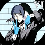  blue_eyes blue_gloves blue_hair gloves index_finger_raised kitagawa_yuusuke male_focus nanaya_(daaijianglin) persona persona_5 shadow smile solo upper_body v 