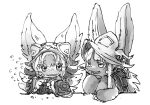  animal_ear_fluff animal_ears blush blush_stickers bunny_ears commentary_request creator_connection fang flying_sweatdrops furry greyscale hat helmet hikky made_in_abyss mokuri monochrome multiple_others nanachi_(made_in_abyss) open_mouth simple_background wavy_mouth whiskers white_background yuka_rit 