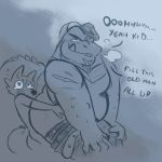  2018 ahegao alligator anal anthro blush canine clothed clothing crocodilian dialogue english_text front_view half-closed_eyes hat larger_male looking_pleasured male male/male mammal monochrome pants pants_down partially_clothed reptile riversausage scalie size_difference slightly_chubby small_dom_big_sub smaller_male smile text 