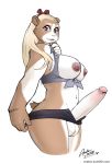  anthro areola balls blonde_hair blue_eyes breasts clothing dickgirl erection guinea_pig hair humanoid_penis intersex mammal matoc nipples penis precum rodent simple_background solo white_background 