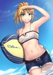  absurdres belt bikini_top blonde_hair breasts commentary_request cutoff_jeans cutoffs fate/apocrypha fate_(series) green_eyes highres looking_at_viewer midriff mordred_(fate)_(all) mordred_(swimsuit_rider)_(fate) navel plottersky ponytail short_hair short_shorts shorts small_breasts solo spaghetti_strap surfboard thigh_gap wading 