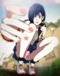  blurry bracelet bush darling_in_the_franxx depth_of_field earrings foreshortening frilled_panties frills green_eyes hair_ornament hairclip highres hood hoodie house ichigo_(darling_in_the_franxx) jewelry nail_polish necklace panties pantyshot pantyshot_(squatting) pink_panties sbel02 shoes short_hair skirt sneakers socks squatting underwear upskirt 