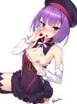  bare_shoulders beret blush bow breasts censored cleavage commentary_request detached_collar detached_sleeves dress dress_pull fate/grand_order fate_(series) fellatio_gesture frilled_dress frilled_sleeves frills hat heart heart-shaped_pupils heart_censor helena_blavatsky_(fate/grand_order) highres jpeg_artifacts long_sleeves one_breast_out orihi_chihiro puffy_long_sleeves puffy_sleeves pulled_by_self purple_eyes purple_hair ribbon short_hair simple_background small_breasts solo symbol-shaped_pupils thighhighs tongue tongue_out twitter_username white_background white_bow white_neckwear white_ribbon white_sleeves 