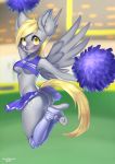  2018 anthro anthrofied blonde_hair breasts butt cheerleader clothed clothing cutie_mark derpy_hooves_(mlp) digital_media_(artwork) equine feathered_wings feathers female friendship_is_magic hair looking_at_viewer mammal my_little_pony nipple_slip open_mouth open_smile pegasus pom_poms smile solo tawni_tailwind wardrobe_malfunction wings yellow_eyes 
