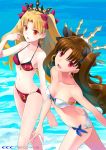  ass bandeau bare_shoulders bikini blonde_hair blush breasts brown_hair butt_crack collarbone commentary_request earrings ereshkigal_(fate/grand_order) eyebrows_visible_through_hair fate/grand_order fate_(series) hair_ornament hair_ribbon ishtar_(fate/grand_order) jewelry long_hair long_legs looking_at_viewer medium_breasts multiple_girls navel red_bikini red_eyes ribbon shirotsumekusa side-tie_bikini smile swimsuit thighs twintails water white_bikini 