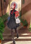  admiral_graf_spee_(azur_lane) azur_lane bag bag_of_chips black_dress black_footwear black_legwear blue_eyes blush bugles claws commentary_request dress finger_to_chin food food_on_finger grocery_bag handbag highres looking_to_the_side looking_up multicolored_hair necktie pantyhose plant potted_plant red_hair red_neckwear rurukuru shoes shopping_bag short_hair short_necktie silver_hair solo stairs streaked_hair two-tone_hair 