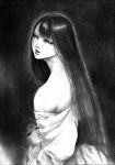  commentary_request from_side graphite_(medium) greyscale half-closed_eyes hane_(azelye) long_hair long_sleeves monochrome off_shoulder original parted_lips skull solo traditional_media 