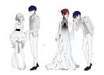  alternate_costume alternate_hairstyle androgynous bangs bare_shoulders blue_eyes blue_hair blunt_bangs blush closed_eyes diamond_(houseki_no_kuni) dress dual_persona formal full_body gloves grey_suit hair_bun hair_ornament hair_over_one_eye hair_stick hand_kiss height_difference high_heels holding_hands houseki_no_kuni kiss long_dress looking_at_another mina_hiragi multiple_others phosphophyllite phosphophyllite_(ll) red_eyes red_hair see-through shinsha_(houseki_no_kuni) short_hair smile sparkle spoilers suit tied_hair vest white_background white_dress white_eyes white_hair 
