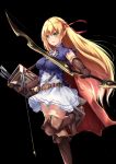  :d arisa_(shadowverse) arrow bangs belt black_background blonde_hair blue_shirt boots bow_(weapon) breasts brown_belt brown_footwear brown_gloves brown_legwear cape chahei commentary_request elbow_gloves elf eyebrows_visible_through_hair gloves green_eyes hair_between_eyes hair_ribbon hairband highres holding holding_arrow holding_bow_(weapon) holding_weapon long_hair medium_breasts open_mouth outstretched_arm pointy_ears quiver red_cape red_hairband red_ribbon ribbon round_teeth shadowverse shirt short_sleeves sidelocks simple_background skirt smile solo standing standing_on_one_leg teeth thigh_boots thighhighs upper_teeth very_long_hair weapon white_skirt 