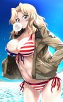  american_flag american_flag_bikini beach bikini blonde_hair blue_eyes breasts chewing_gum cleavage closed_mouth collarbone commentary_request day flag_print girls_und_panzer hair_intakes highres jacket kay_(girls_und_panzer) large_breasts long_hair looking_at_viewer nakahira_guy navel outdoors saunders_military_uniform side-tie_bikini sky solo sparkle standing string_bikini swimsuit wet 