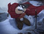 anthro black_hair black_nose breasts canine clothed clothing digital_media_(artwork) female hair inkrend kneeling mammal melee_weapon open_mouth snow snowing solo sword teeth weapon winter wolf 
