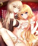  ahoge babydoll bangs bare_shoulders black_gloves blonde_hair blue_eyes blush bow breasts cleavage collarbone commentary_request crescent dress elbow_gloves eyebrows_visible_through_hair fate/apocrypha fate/grand_order fate_(series) flower gloves hair_between_eyes head_tilt highres holding_hands interlocked_fingers jeanne_d'arc_(alter)_(fate) jeanne_d'arc_(fate) jeanne_d'arc_(fate)_(all) large_breasts light_brown_hair long_hair looking_at_viewer looking_to_the_side lying mallizmora multiple_girls navel on_back parted_lips pillow thighhighs very_long_hair white_bow white_flower white_gloves white_legwear yellow_eyes 
