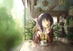  ;o blue_hair bow breasts cafe commentary cup fang hair_bow highres indoors large_breasts long_hair multiple_girls noihara_himari omamori_himari one_eye_closed open_mouth plant plex ponytail purple_eyes reflection school_uniform sitting table teacup waitress walking window yawning 