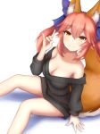  animal_ear_fluff animal_ears bare_shoulders blue_ribbon blush breasts cleavage clothes_pull collarbone commentary_request fate/extra fate/grand_order fate_(series) fox_ears fox_shadow_puppet fox_tail hair_ribbon highres large_breasts long_hair looking_at_viewer looking_up pink_hair rachione ribbon simple_background smile solo sweater sweater_pull tail tamamo_(fate)_(all) tamamo_no_mae_(fate) white_background yellow_eyes 