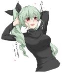  adjusting_hair anchovy arms_behind_head bangs black_ribbon black_shirt blush casual commentary cropped_torso drill_hair dutch_angle elf_(stroll_in_the_woods) girls_und_panzer green_hair hair_down hair_over_one_eye hair_ribbon heart highres long_hair long_sleeves looking_at_viewer open_mouth ponytail red_eyes ribbon shinkon_santaku shirt side_ponytail simple_background smile solo standing translated turtleneck upper_body white_background 
