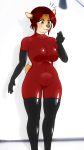  2018 angry anthro big_breasts blush bodysuit breasts buffbumblebee_(artist) cervine clothed clothing digital_drawing_(artwork) digital_media_(artwork) female front_view fur gloves hair hi_res legwear mammal navel rubber shiny simple_background skinsuit solo thick_thighs tight_clothing 