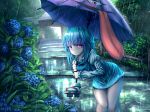  bicolored_eyes blue_hair rain shrine t.m_(aqua6233) tatara_kogasa tongue touhou umbrella water 