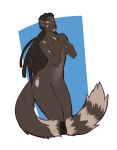  2016 5_fingers anthro black_nose breasts brown_fur brown_hair digital_media_(artwork) dreadlocks faint featureless_crotch female fur green_eyes green_sclera hair hi_res long_hair looking_at_viewer mammal mustelid navel nude otter simple_background smile solo standing thick_thighs 