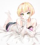  barefoot bed_sheet blonde_hair camisole chin_rest closed_mouth green_eyes highres hometa idolmaster idolmaster_cinderella_girls long_sleeves looking_at_viewer lying miyamoto_frederica off_shoulder on_bed on_stomach ribbed_sweater short_hair smile solo sweater the_pose white_sweater 