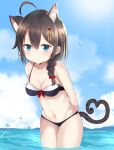  ahoge animal_ears bangs bare_arms bare_shoulders bikini black_bikini blue_eyes blue_sky blush bow braid breasts brown_hair cat_ears cat_girl cat_tail cleavage closed_mouth cloud collarbone commentary_request day eyebrows_visible_through_hair hair_between_eyes hair_bow hair_ornament heart heart_tail highres kantai_collection kemonomimi_mode leaning_forward long_hair medium_breasts navel noeru_(gt17854) ocean outdoors red_bow remodel_(kantai_collection) shigure_(kantai_collection) side_braid single_braid sky smile solo swimsuit tail wading water water_drop 