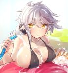  alternate_costume asymmetrical_hair bikini black_bikini black_scrunchie blush braid breast_press breast_rest breasts car_wash cleavage closed_mouth collarbone covered_navel holding hose kantai_collection large_breasts long_hair looking_at_viewer messy_hair polishing scrunchie simple_background single_sidelock sketch skindentation smile solo sponge swimsuit unryuu_(kantai_collection) upper_body very_long_hair wet white_hair yamaarashi yellow_eyes 