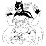  2012 6_breasts anthro batgirl big_breasts blush breasts clothing doomington female hair long_hair mammal monochrome multi_breast navel nipples open_mouth pig porcine pussy simple_background slightly_chubby solo standing surprise torn_clothing transformation weight_gain white_background 