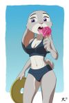  2018 absurd_res anthro athletic bikini breasts cleavage clothed clothing deannart disney female food frisbee fur hi_res judy_hopps lagomorph mammal pawpsicle popsicle purple_eyes rabbit short_stack simple_background solo swimsuit tongue tongue_out zootopia 