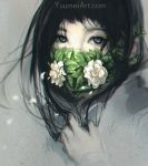  black_hair blue_eyes commentary flower highres leaf long_hair long_sleeves looking_at_viewer mask original portrait solo watermark web_address wenqing_yan 