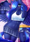  2018 absurd_res anthro blush bottomless butt clothed clothing dialogue digital_media_(artwork) english_text equine eyelashes feathered_wings feathers female friendship_is_magic hair hair_over_eye hi_res horn long_hair looking_at_viewer mammal my_little_pony navel no_underwear princess_luna_(mlp) pussy skirt solo text twistedscarlett60 winged_unicorn wings 