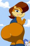  2018 4_fingers anthro blue_eyes bottomless brown_fur brown_hair canine clothed clothing digital_media_(artwork) dream-cassette featureless_crotch female female_focus fox fur hair hedgehog hi_res low-angle_view mammal miles_prower open_mouth rear_view rodent sally_acorn smile sonic_(series) sonic_the_hedgehog squirrel standing 