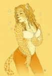  2010 amber-aria anthro bedroom_eyes bra breasts clothing feline female hair half-closed_eyes leopard long_hair looking_at_viewer mammal monochrome pants post_transformation seductive simple_background solo standing underwear undressing yellow_background 