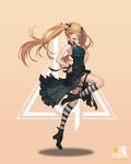  404_logo_(girls_frontline) absurdres armpits bangs bare_shoulders black_dress black_footwear black_ribbon blush boots brown_hair commentary_request dlalsrl03131 dress eyebrows_visible_through_hair floating_hair girls_frontline hair_ornament hair_ribbon hairclip hands_on_hips high_heel_boots high_heels highres hopping leg_up logo long_hair looking_at_viewer one_eye_closed open_mouth ribbon scar scar_across_eye simple_background sleeveless sleeveless_dress smile solo striped striped_legwear thigh_strap thighs twintails ump9_(girls_frontline) wrist_ribbon 