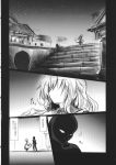  1girl comic greyscale highres kishin_sagume kouba long_sleeves medium_hair monochrome silhouette single_wing skirt suit_jacket touhou translated wings 