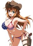  :d absurdres american_flag_bikini arched_back ass_visible_through_thighs bikini blue_eyes breasts charlotte_e_yeager cleavage cowboy_hat cowboy_shot eyebrows_visible_through_hair flag_print gun hair_between_eyes halterneck hand_on_hip hand_on_own_thigh handgun hat highres holster large_breasts leaning_forward long_hair looking_at_viewer open_mouth orange_hair side-tie_bikini sidelocks simple_background smile solo strike_witches string_bikini swimsuit thigh_holster tokiani weapon white_background world_witches_series 
