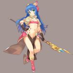  :o animal_ears bangs blue_hair blush boots bow breasts brown_background brown_gloves character_request commentary_request elbow_gloves eyebrows_visible_through_hair gloves green_eyes groin hair_between_eyes hair_bow hand_on_hip head_tilt highres holding holding_staff knee_boots long_hair looking_at_viewer mage_(ragnarok_online) navel parted_lips pink_bow pink_footwear pussy_peek ragnarok_online revealing_clothes simple_background small_breasts solo staff standing standing_on_one_leg tsuderou very_long_hair 