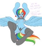  anthro anthrofied blue_feathers blush breasts clothing elzzombie equine feathered_wings feathers female friendship_is_magic hair hi_res mammal multicolored_hair my_little_pony pegasus pussy rainbow_dash_(mlp) solo tight_clothing tongue tongue_out wings 