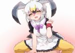  1girl :d bird_tail black-tailed_gull_(kemono_friends) blush breath clothed_sex cowgirl_position dress eyebrows_visible_through_hair frilled_dress frills girl_on_top gradient gradient_background grey_hair hair_between_eyes head_wings hetero kemono_friends long_hair multicolored_hair open_mouth orgasm pantyhose sex short_sleeves simple_background smile solo_focus straddling sweat tanaka_kusao trembling white_hair wristband yellow_eyes yellow_legwear 