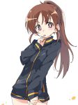  black_jacket brown_hair cowboy_shot ixy jacket leaning_back long_hair ponytail purple_eyes saki saki_achiga-hen simple_background solo takakamo_shizuno thigh_gap tongue tongue_out track_jacket white_background 