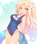  azur_lane bangs blonde_hair blue_hair blue_innertube blue_swimsuit blush bottle breasts cleveland_(azur_lane) collarbone commentary_request covered_navel eyebrows_visible_through_hair flower food food_in_mouth gradient_hair groin hair_flower hair_ornament highleg highleg_swimsuit holding holding_bottle holding_innertube innertube long_hair looking_at_viewer medium_breasts mouth_hold multicolored_hair name_tag new_school_swimsuit one-piece_swimsuit one_side_up parted_bangs popsicle red_eyes sakurato_ototo_shizuku school_swimsuit solo swimsuit tan transparent very_long_hair water_bottle wet white_flower 