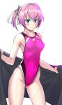  aiuchi aqua_eyes ass_visible_through_thighs black_towel blue_eyes cameltoe competition_swimsuit cowboy_shot flying_sweatdrops highleg highleg_swimsuit highres kantai_collection one-piece_swimsuit pink_hair pink_swimsuit ponytail shiranui_(kantai_collection) short_hair short_ponytail simple_background solo standing striped striped_swimsuit swimsuit towel white_background 