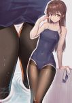  ass bangs bare_shoulders black_legwear blue_swimsuit blush breasts brown_eyes brown_hair closed_mouth collarbone competition_school_swimsuit covered_navel goggles goggles_removed hair_intakes highres long_hair medium_breasts multiple_views one-piece_swimsuit original pantyhose pantyhose_under_swimsuit ripples saruchitan school_swimsuit sketch smile swimsuit wading wet 