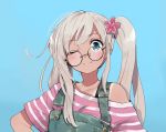  alternate_costume alternate_hairstyle blue_eyes commentary_request flower glasses hair_flower hair_ornament kantai_collection long_hair overalls ro-500_(kantai_collection) simple_background smirk solo tan tanline wataro_(watawatawatapon) white_hair 
