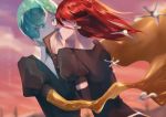  androgynous blurry blurry_background character_name clipboard closed_eyes colored_eyelashes commentary_request elbow_gloves eyebrows_visible_through_hair eyes_visible_through_hair gem_uniform_(houseki_no_kuni) gloves gold golden_arms green_eyes green_hair highres houseki_no_kuni indirect_kiss looking_at_another md5_mismatch mercury multiple_others necktie phosphophyllite red_hair shinsha_(houseki_no_kuni) short_hair spoilers tsushima_touko 
