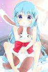  &gt;_&lt; :d bangs barefoot blue_eyes blue_hair blurry blurry_background blush bow chestnut_mouth commentary_request covering depth_of_field eyebrows_visible_through_hair gochuumon_wa_usagi_desu_ka? hair_between_eyes highres indoors kafuu_chino long_hair looking_at_viewer nude_cover object_hug on_bed open_mouth parted_lips red_bow shiraki_shiori smile soles solo stuffed_animal stuffed_bunny stuffed_toy very_long_hair xd 