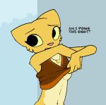  2018 4_fingers anthro breasts clothing dialogue english_text feline female fur katia_managan khajiit looking_aside mammal navel prequel raydio shirt simple_background standing sweat text the_elder_scrolls under_boob undressing video_games yellow_fur 